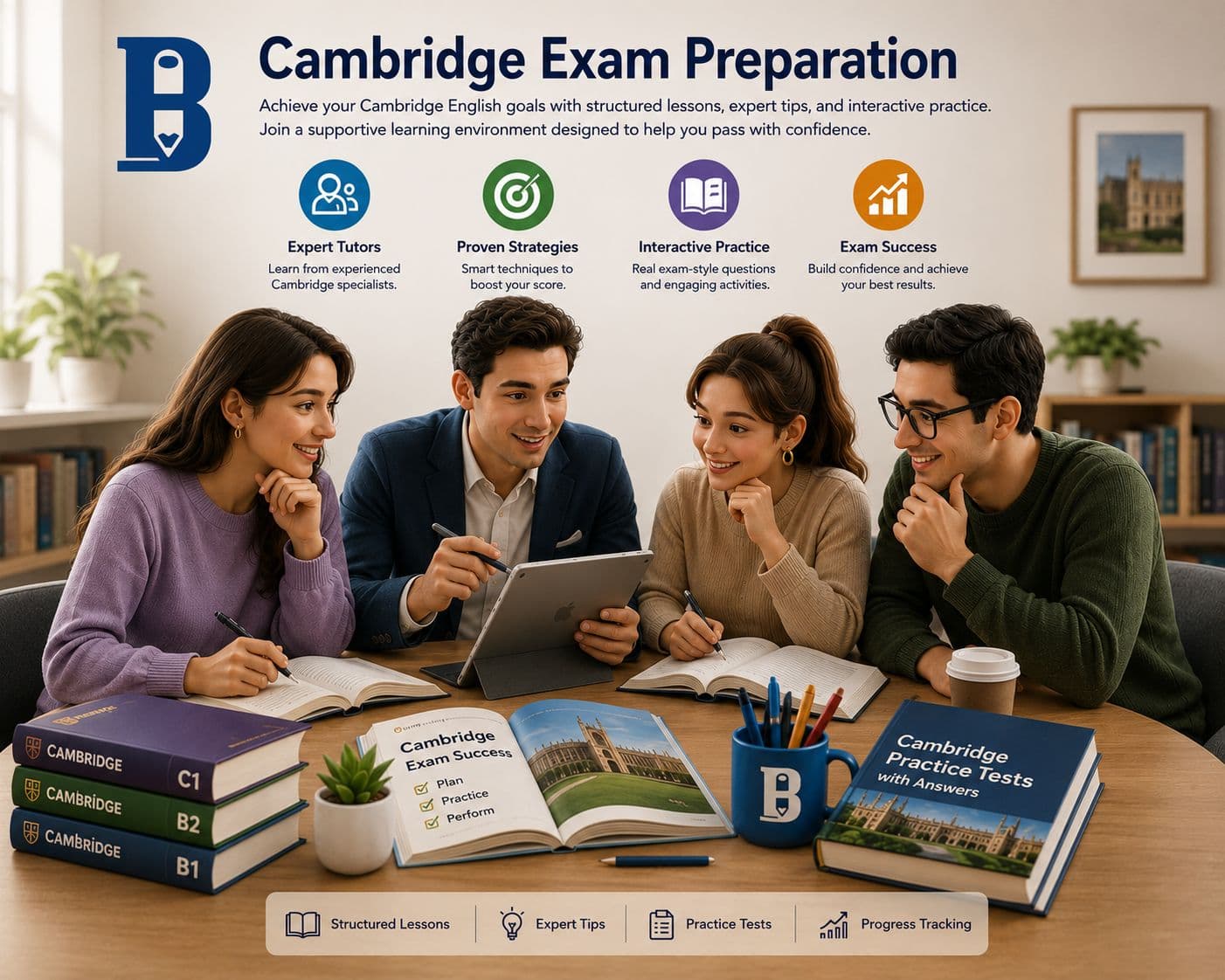 Students preparing for Cambridge English exams with practice books and a tutor